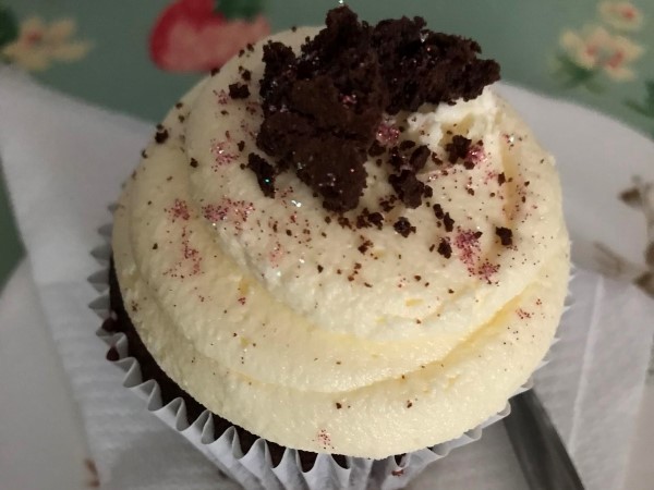 Photo of a red velvet cupcake from Crumbs Cupcakery, located in York, UK.